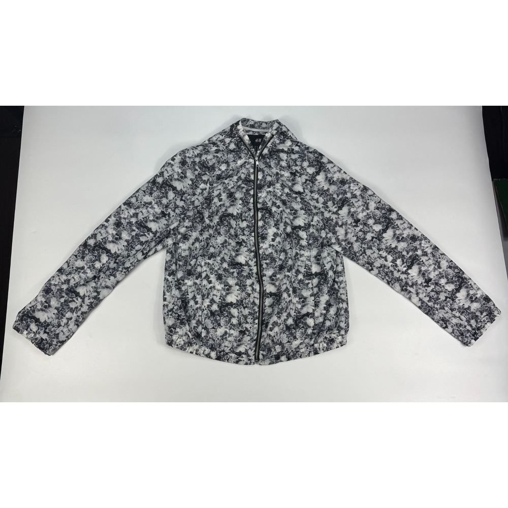 H&M Bomber Jacket Womens 12 Black White Floral Stretch Elasticized Hem Full Zip